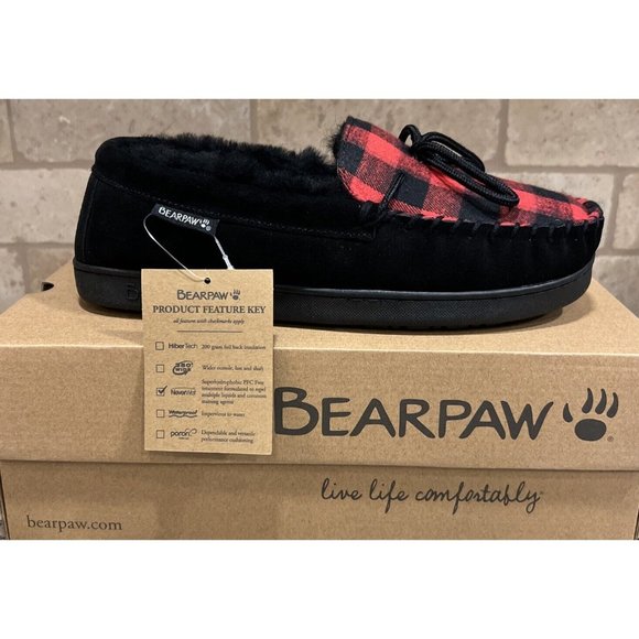New BEARPAW Men Moc II Black Multi Red Plaid Slip On Slipper Shearling Lined 9 - Picture 8 of 10